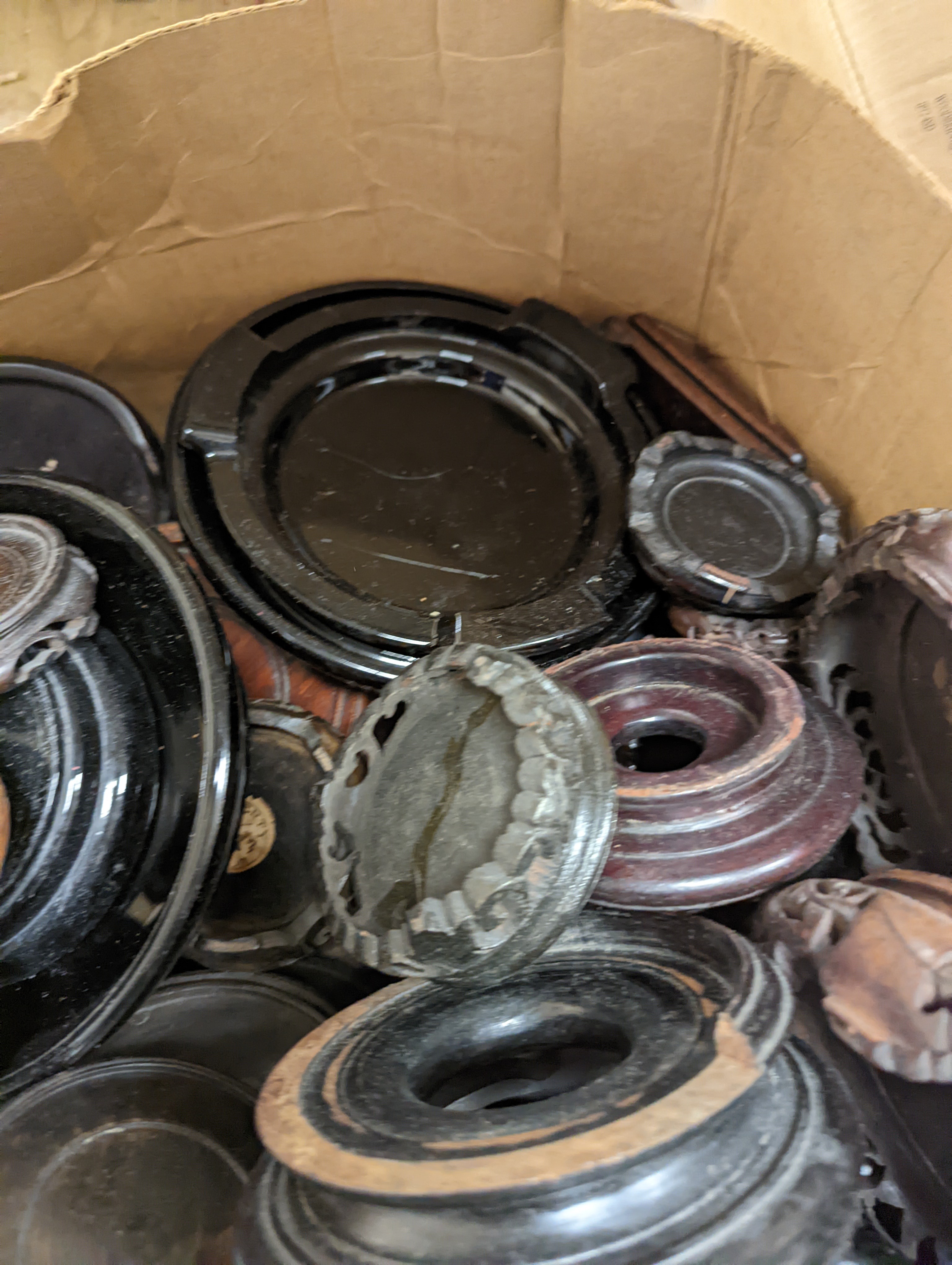 Three boxes of hardwood, glass and ceramic stands.